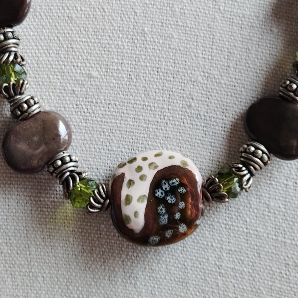 Artisan Beaded Necklace Green Faceted Stones, Glossy Brown Beads & Silver Accent - Picture 2 of 9
